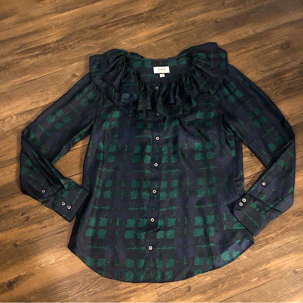 J Crew Collection NWT twill silk ruffle collar blouse plaid SZ XS NWT